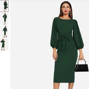 Floerns forest green lantern sleeve obi belt dress